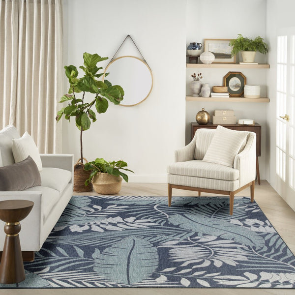 HomeRoots 10' Navy Blue Floral Indoor Outdoor Area Rug - Durable, Elegant Design for High-Traffic Spaces 573231