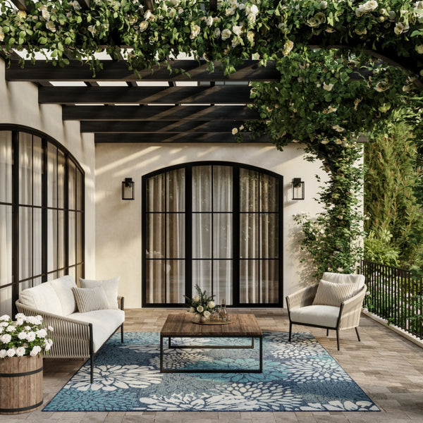 HomeRoots 9' Navy Blue Floral Indoor Outdoor Area Rug – Timeless Design, Durable, Versatile for Any Space 573232