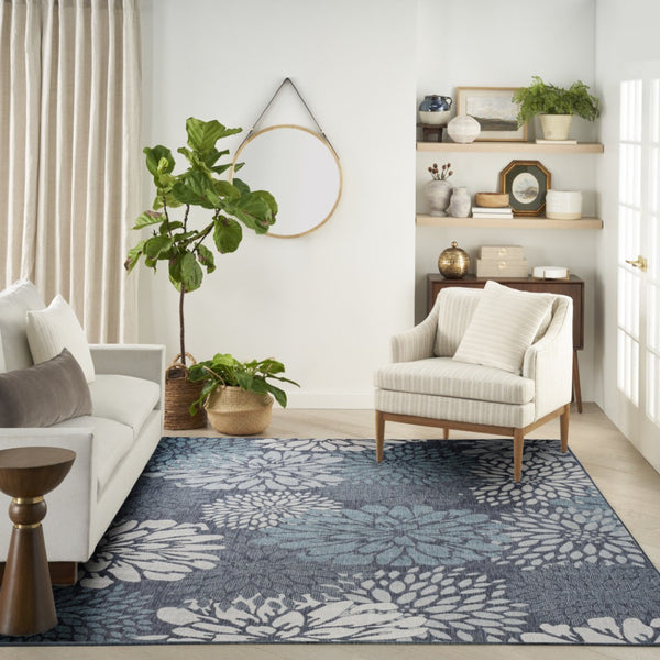 HomeRoots 9' Navy Blue Floral Indoor Outdoor Area Rug – Timeless Design, Durable, Versatile for Any Space 573232