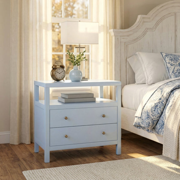 Butler Specialty Butler Light Blue Wide Nightstand with Two Smooth-Glide Drawers, Open Shelf & Gold Knob Accents 28"W x 17.25"D x 26.5"H 5732522
