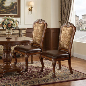 Set of Two Floral Upholstered Dining Side Chairs with Faux Leather Trim and Solid Wood Legs