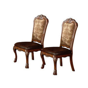 HomeRoots Set of Two Floral Upholstered Dining Side Chairs with Faux Leather Trim and Solid Wood Legs Brown / Beige 573258