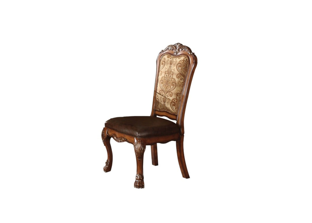 HomeRoots Set of Two Floral Upholstered Dining Side Chairs with Faux Leather Trim and Solid Wood Legs Brown / Beige 573258