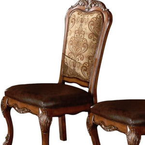 Set of Two Floral Upholstered Dining Side Chairs with Faux Leather Trim and Solid Wood Legs