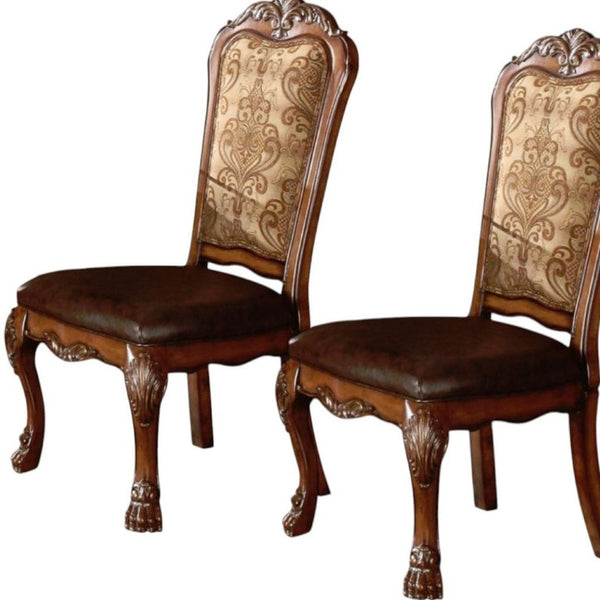 Set of Two Floral Upholstered Dining Side Chairs with Faux Leather Trim and Solid Wood Legs