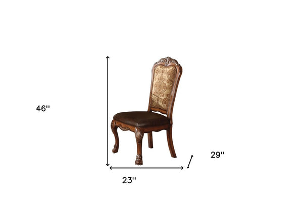 Set of Two Floral Upholstered Dining Side Chairs with Faux Leather Trim and Solid Wood Legs