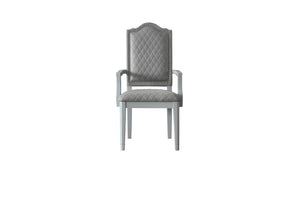 Set of Two Gray Tufted Upholstered Arm Chairs with Solid Wood Legs for Dining