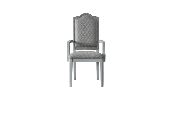 Set of Two Gray Tufted Upholstered Arm Chairs with Solid Wood Legs for Dining