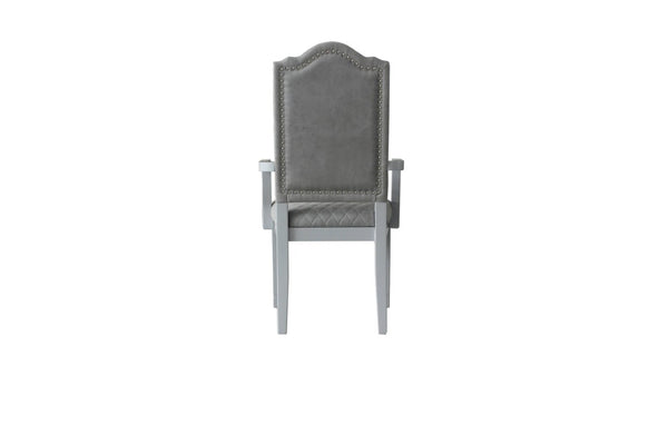 Set of Two Gray Tufted Upholstered Arm Chairs with Solid Wood Legs for Dining