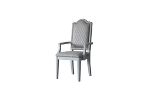 Set of Two Gray Tufted Upholstered Arm Chairs with Solid Wood Legs for Dining