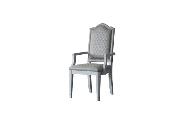 Set of Two Gray Tufted Upholstered Arm Chairs with Solid Wood Legs for Dining