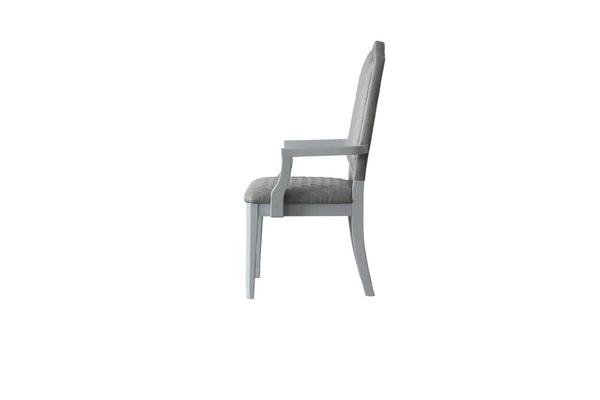 Set of Two Gray Tufted Upholstered Arm Chairs with Solid Wood Legs for Dining