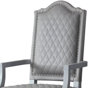 Set of Two Gray Tufted Upholstered Arm Chairs with Solid Wood Legs for Dining