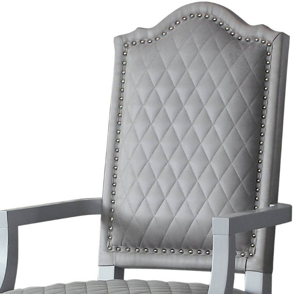 Set of Two Gray Tufted Upholstered Arm Chairs with Solid Wood Legs for Dining