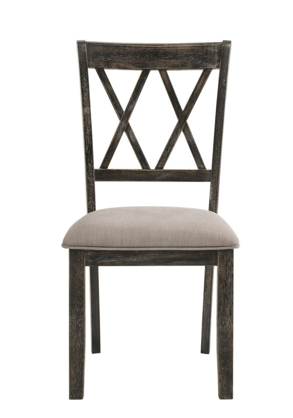 Set of Two Cross Back Dining Chairs in Gray Linen with Solid Wood Frame
