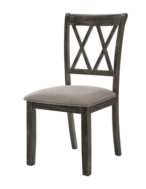 Set of Two Cross Back Dining Chairs in Gray Linen with Solid Wood Frame