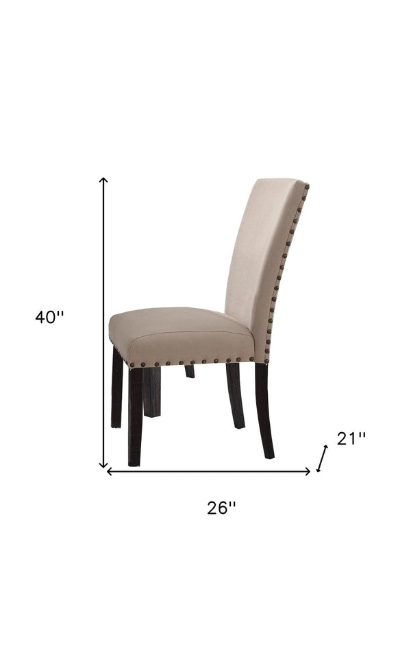 HomeRoots Set of Two Elegant Taupe Linen Dining Chairs with Dark Brown Legs & Nailhead Trim - Versatile Comfort 573283