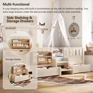 English Elm Twin Kids Storage Bed with Bookshelf Headboard Safety Staircase and Under Drawers Beige W1580P379183