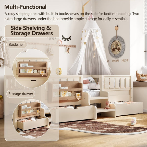 English Elm Twin Kids Storage Bed with Bookshelf Headboard Safety Staircase and Under Drawers Beige W1580P379183