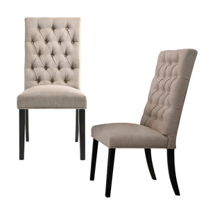HomeRoots Set of Two Elegant Tufted Tan and Black Linen Dining Chairs with Open Back for Versatile Style 573296