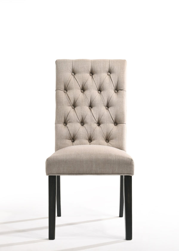HomeRoots Set of Two Elegant Tufted Tan and Black Linen Dining Chairs with Open Back for Versatile Style 573296