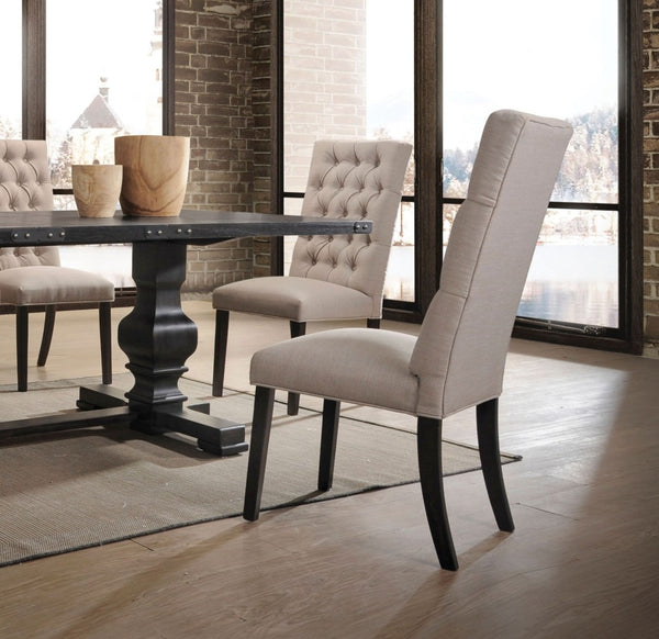 HomeRoots Set of Two Elegant Tufted Tan and Black Linen Dining Chairs with Open Back for Versatile Style 573296