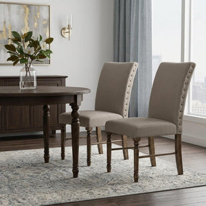 Set of Two Linen Upholstered Oak Wood Dining Side Chairs for Modern Rooms