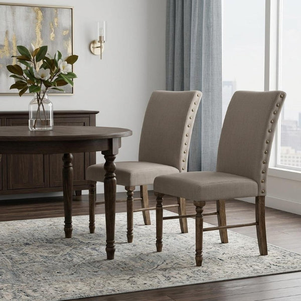 Set of Two Linen Upholstered Oak Wood Dining Side Chairs for Modern Rooms