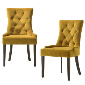 HomeRoots Set of Two Stylish Tufted Yellow Velvet Dining Chairs with Espresso Wood Legs for Any Space 573300