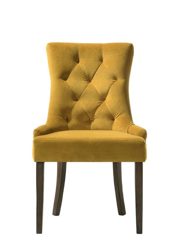 HomeRoots Set of Two Stylish Tufted Yellow Velvet Dining Chairs with Espresso Wood Legs for Any Space 573300