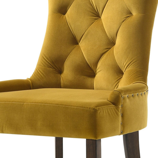 HomeRoots Set of Two Stylish Tufted Yellow Velvet Dining Chairs with Espresso Wood Legs for Any Space 573300