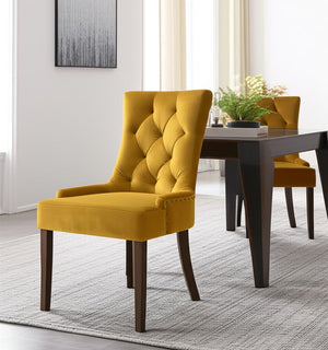 HomeRoots Set of Two Stylish Tufted Yellow Velvet Dining Chairs with Espresso Wood Legs for Any Space 573300
