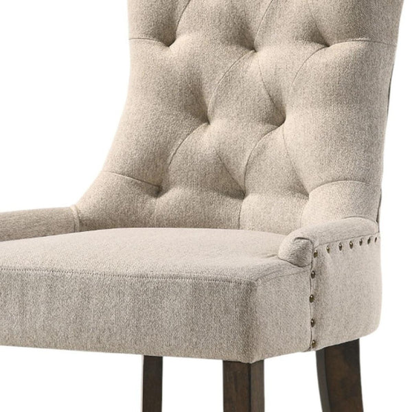 HomeRoots Set of Two Tufted Beige Upholstered Side Chairs with Solid Oak Legs for Dining & Home Accent Use 573304