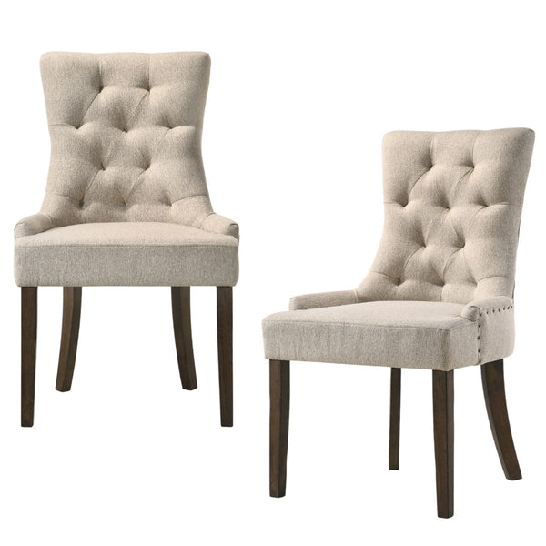 HomeRoots Set of Two Tufted Beige Upholstered Side Chairs with Solid Oak Legs for Dining & Home Accent Use 573304