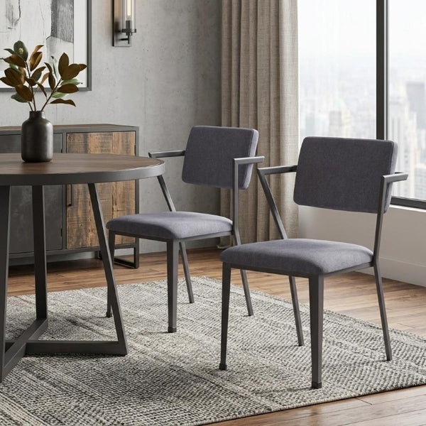 Set of Two Modern Open Back Dining Chairs in Gray Upholstery with Gunmetal Frame