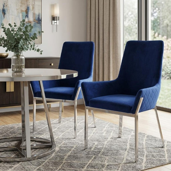 Set of Two Velvet Tufted Dining Chairs with Sleek Metal Legs in Glamorous Blue Tones