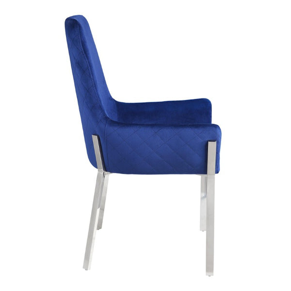 Set of Two Velvet Tufted Dining Chairs with Sleek Metal Legs in Glamorous Blue Tones
