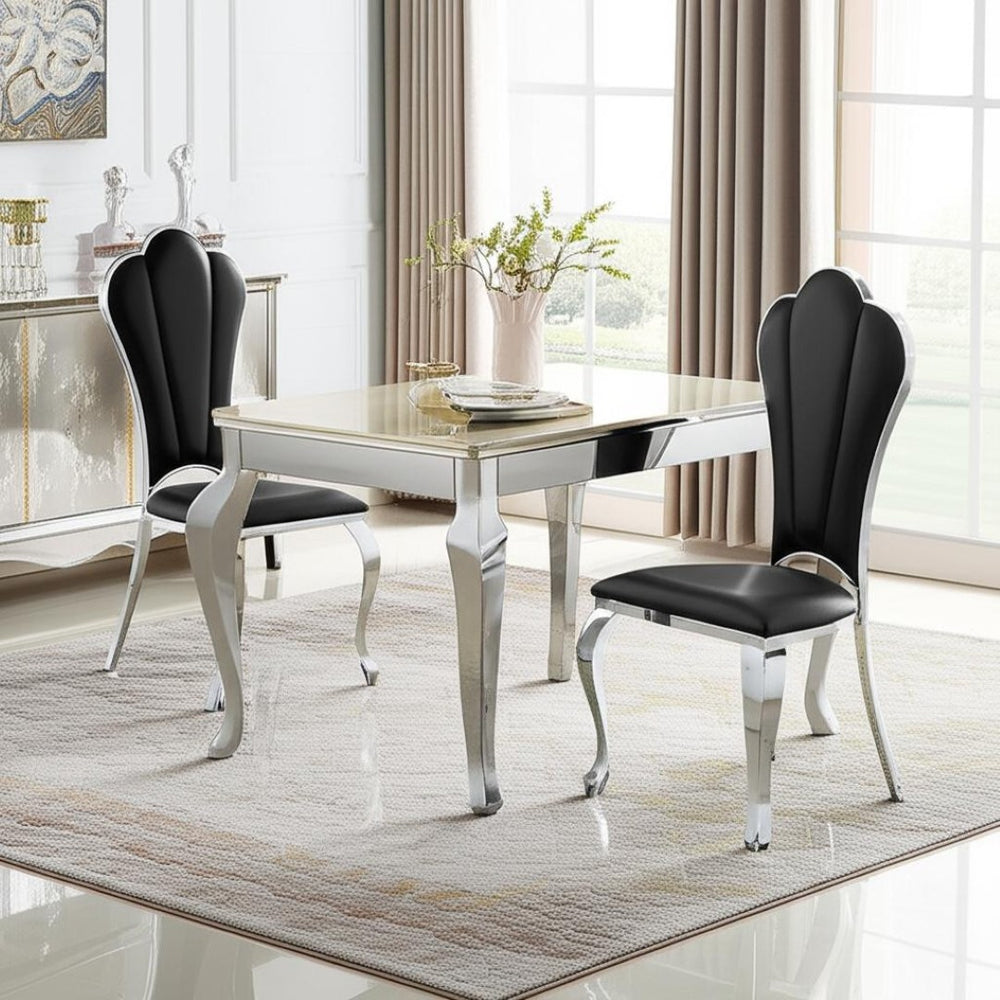 HomeRoots Set of Two Stylish Black Faux Leather Dining Side Chairs with Sleek Silver Legs for Versatile Use 573320