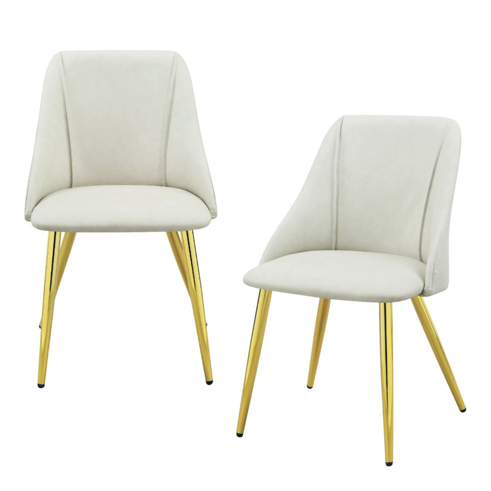 HomeRoots Set of Two Elegant White and Gold Faux Leather Dining Chairs with Modern Metal Legs for Style 573327