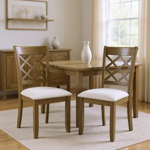 HomeRoots Set of Two Beige Linen Upholstered Cross Back Dining Chairs with Rustic Oak Legs for Versatile Elegance 573328
