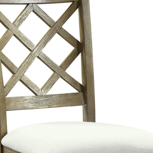 HomeRoots Set of Two Beige Linen Upholstered Cross Back Dining Chairs with Rustic Oak Legs for Versatile Elegance 573328