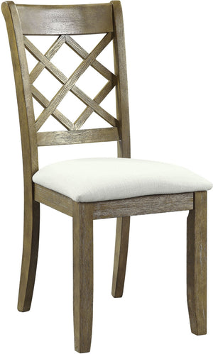HomeRoots Set of Two Beige Linen Upholstered Cross Back Dining Chairs with Rustic Oak Legs for Versatile Elegance 573328