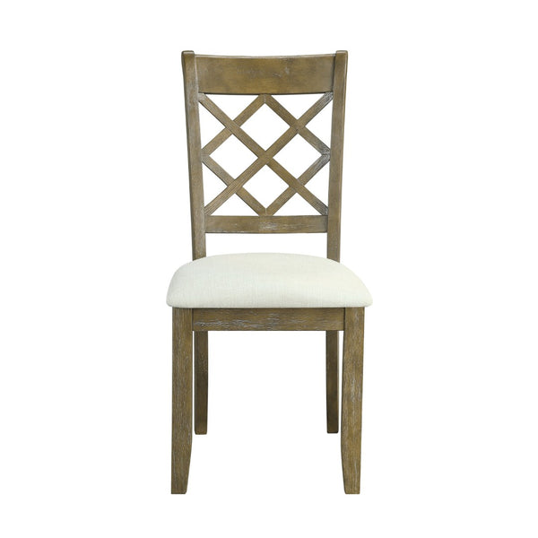 HomeRoots Set of Two Beige Linen Upholstered Cross Back Dining Chairs with Rustic Oak Legs for Versatile Elegance 573328