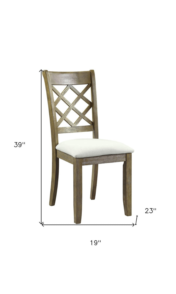 HomeRoots Set of Two Beige Linen Upholstered Cross Back Dining Chairs with Rustic Oak Legs for Versatile Elegance 573328