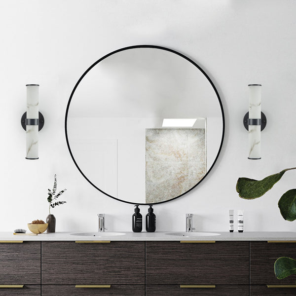 English Elm Resin Imitation Marble Wall Sconces Set of 2 with Black Iron Frame, Cylindrical Ambient Lighting W2312P374968