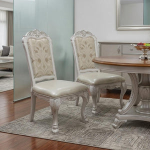 Set of Two Floral Upholstered Dining Side Chairs with Faux Leather Trim and Solid Wood Legs