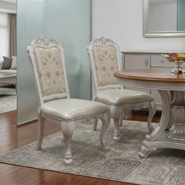 Set of Two Floral Upholstered Dining Side Chairs with Faux Leather Trim and Solid Wood Legs
