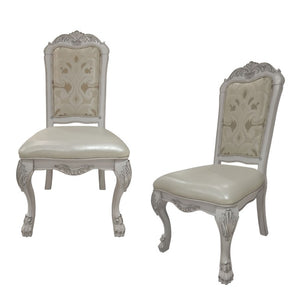Set of Two Floral Upholstered Dining Side Chairs with Faux Leather Trim and Solid Wood Legs