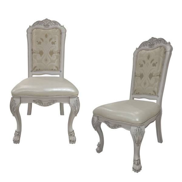 Set of Two Floral Upholstered Dining Side Chairs with Faux Leather Trim and Solid Wood Legs