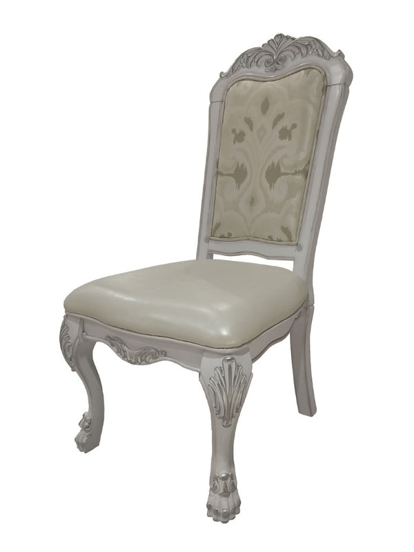 Set of Two Floral Upholstered Dining Side Chairs with Faux Leather Trim and Solid Wood Legs